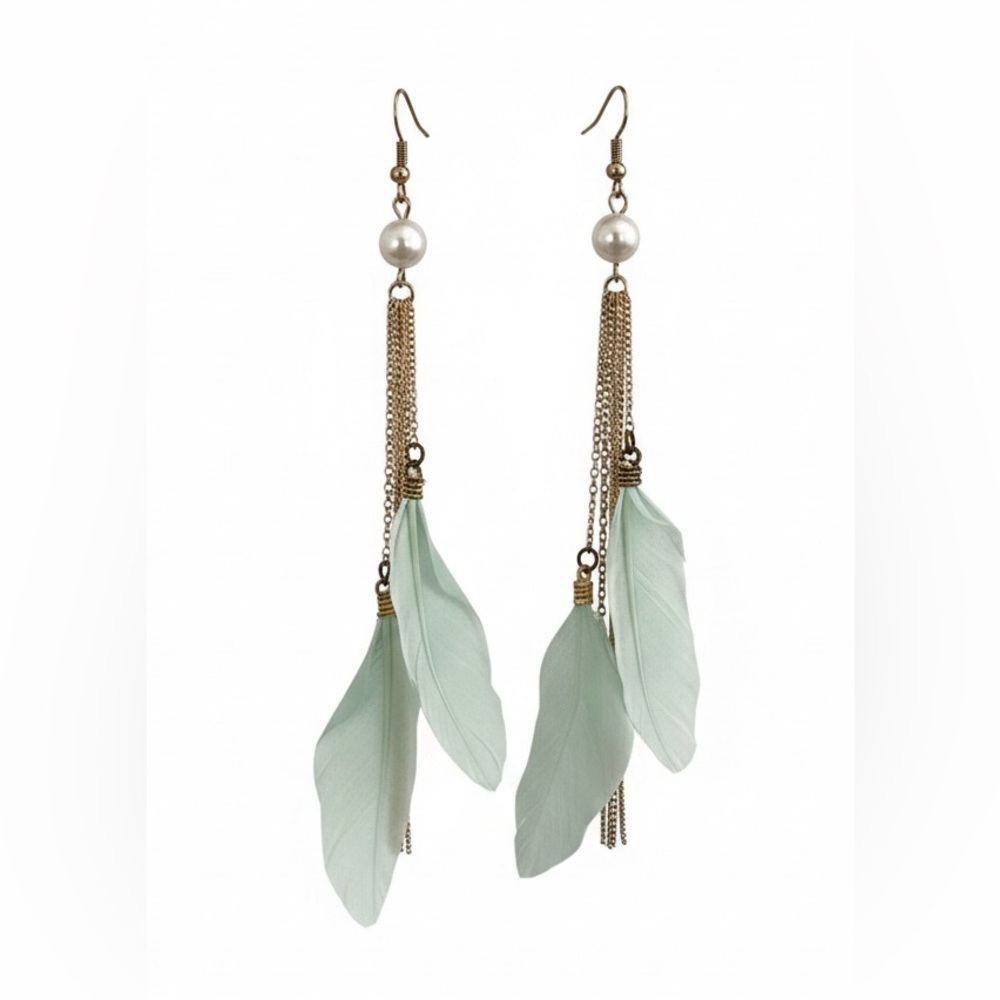 Boho Dreams: Long Feather & Pearl Tassel Drop Earrings